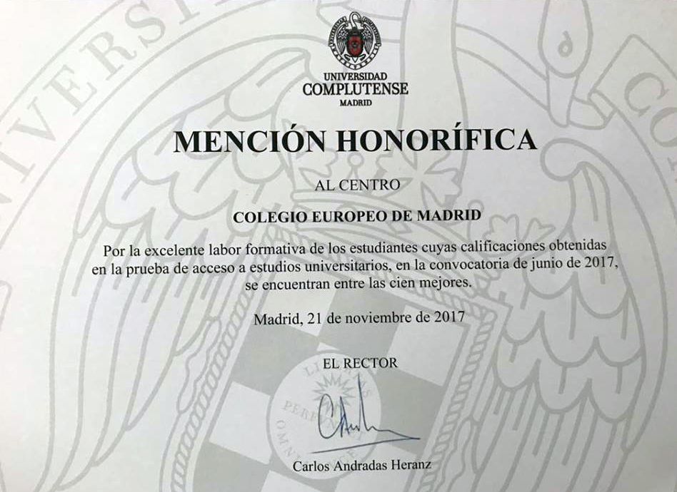 Mención Honorífica UCM por las calificaciones obtenidas en P.A.U 2017