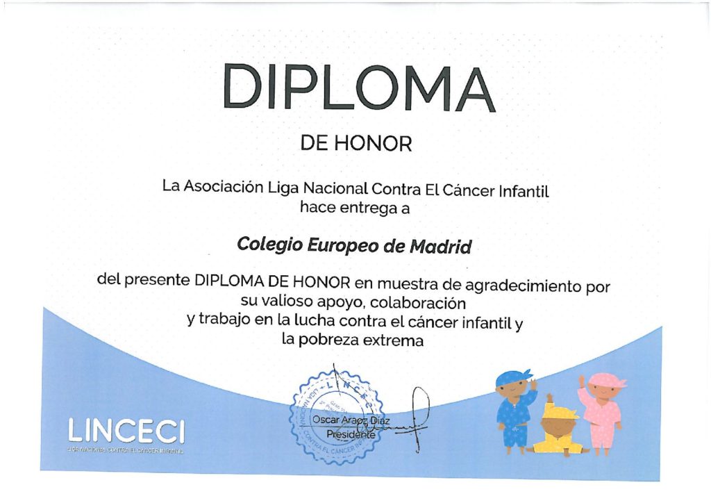 Diploma de honor por el apoyo en la lucha contra el cáncer infantil y la pobreza